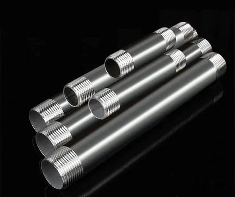 304 Stainless Steel Nipple Pipe Fitting One Half Inch NPT Male To One Half Inch NPT Male Thread Four Inch Length Pack Of 2 Corrosion Resistant Plumbing Fittings For Water Gas Oil And Fluid Systems, showing multiple threaded connectors.