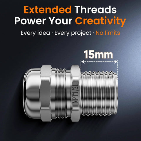 Side view of Two Pack One Half Inch NPT 304 Stainless Steel Cable Gland Waterproof IP68 Metal Strain Relief Cord Grip