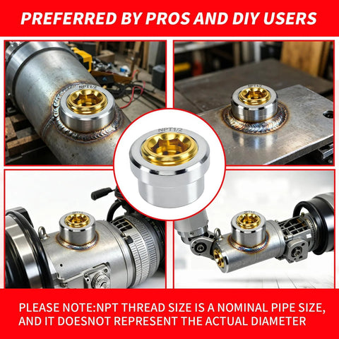 Three Eighths Inch NPT Stainless Steel 304 Female Weld Bung Mounting Fitting installed on various metal surfaces