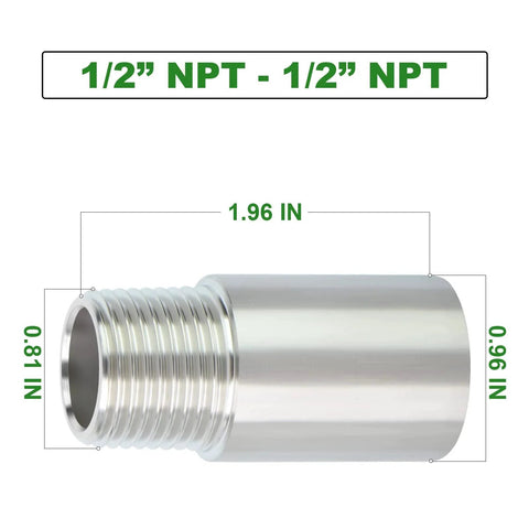 2 Pcs Stainless Steel Pipe Fittings Half Inch NPT Male To Half Inch NPT Female Threaded 2 Inch Nipple Cast Pipe 304 Stainless Steel