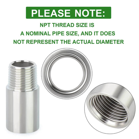 Close-up of 2 Pcs Stainless Steel Pipe Fittings Half Inch NPT Male To Half Inch NPT Female Threaded 2 Inch Nipple Cast Pipe with note on NPT size.