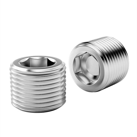 Close-up of stainless steel plugs from 20 Piece Stainless Steel Pipe Plug Fitting Assortment Kit With Five Sizes One Eighth Inch One Quarter Inch Three Eighths Inch One Half Inch Three Quarters Inch NPT Male Internal Hex Thread Socket Plugs For Sealing Pipe Ports In A Plastic Storage Box