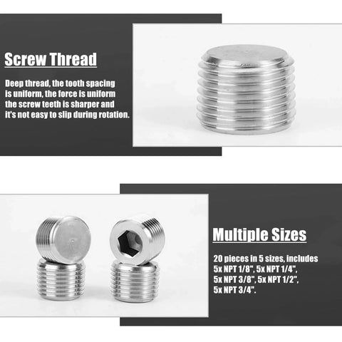 20 Piece Stainless Steel Pipe Plug Fitting Assortment Kit With Five Sizes in focus showing thread and multiple sizes text.