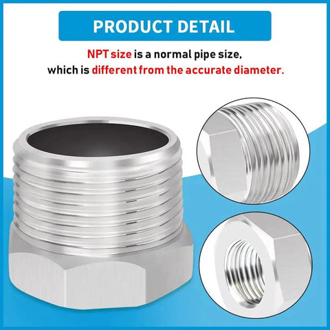 Stainless Steel Reducer Bushing One Inch Male NPT To Three Quarter Inch Female NPT Reducing Pipe Fitting Pack Of Two detail view