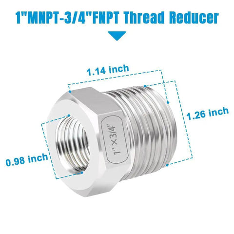 Stainless Steel Reducer Bushing One Inch Male NPT to Three Quarter Inch Female NPT Reducing Pipe Fitting with dimensions