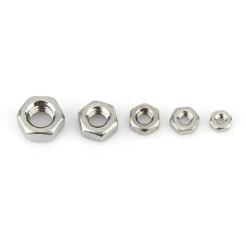 Five hex nuts of varying sizes from a 304 Grade Stainless Steel Screw And Nut Kit With 160 Pieces M2 M2.5 M3 M4 M5 Assortment