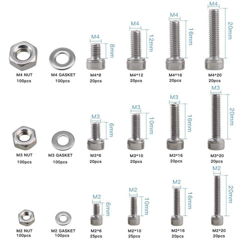 850 Piece Stainless Steel Nuts and Bolts Set M2 M3 M4 Hex Machine Screws Assortment Kit With Wrench for Electronics Projects layout