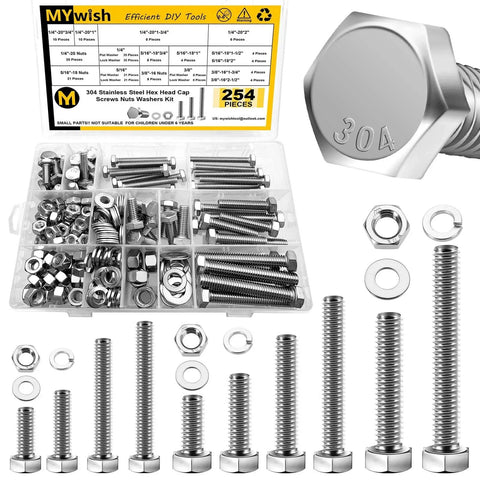 254 Piece 304 Stainless Steel Nuts and Bolts Kit With Flat Spring Washers Ten Common Sizes Fully Threaded in clear storage box