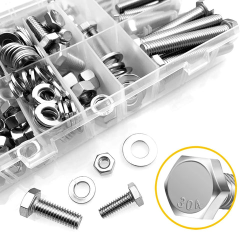 254 Piece 304 Stainless Steel Nuts and Bolts Kit With Flat Spring Washers Ten Common Sizes Fully Threaded in clear container