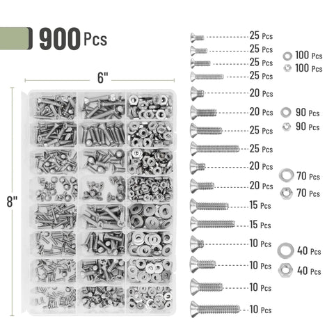 Nuts And Bolts Assortment Kit 900 Pcs Stainless Steel 304 Nuts Bolts Washers Screws Set with organized storage box and piece counts.