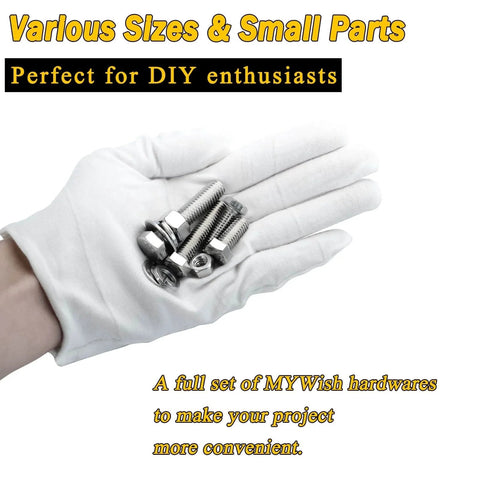 Gloved hand holding bolts and nuts from 254 Piece 304 Stainless Steel Nuts and Bolts Kit With Flat Spring Washers Ten Common Sizes Fully Threaded.