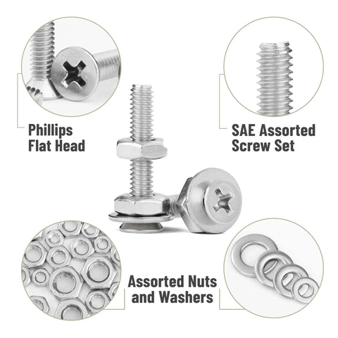 Nuts And Bolts Assortment Kit 900 Pcs Stainless Steel 304 Nuts Bolts Washers Screws Set For Hardware Projects, shown with Phillips flat head, SAE screw set, nuts, and washers.