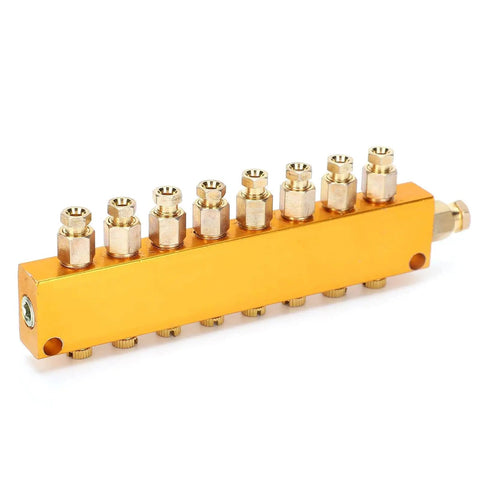 Stainless Steel Oil Distributor With 1 Inlet And 8 Outlets for CNC machining, showing adjustable tubing piston separator, yellow design.