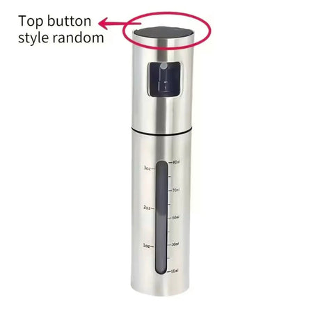 100ml Stainless Steel Olive Oil Spray Bottle Pro Grade Refillable Mister With Graduated Metal And Glass Design for cooking use.