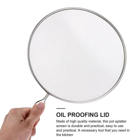 Person holding 1pc Stainless Steel Explosion-proof Oil Screen Cover Cooking Oil Filter Strainer Pan Cover, circular design