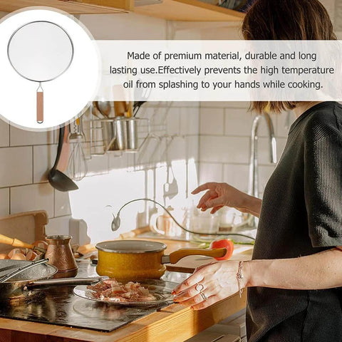 Woman using 1pc Stainless Steel Explosion-proof Oil Screen Cover Cooking Oil Filter Strainer Pan Cover over frying pan