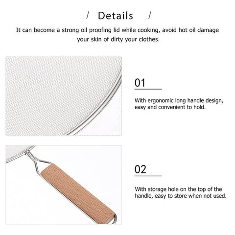1pc Stainless Steel Explosion-proof Oil Screen Cover Cooking Oil Filter Strainer Pan Cover, close-up handle design