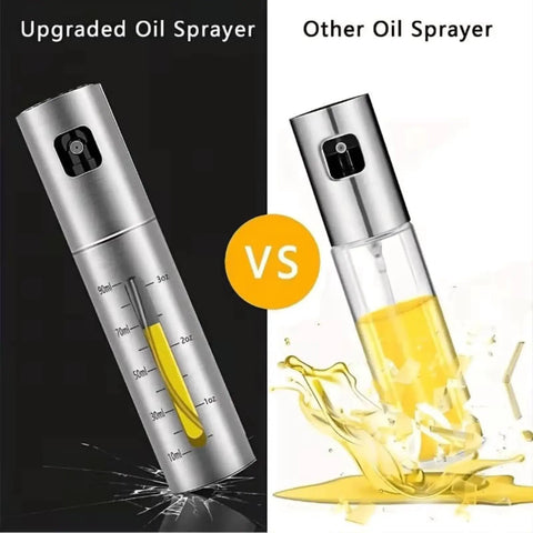 100ml Stainless Steel Olive Oil Spray Bottle Pro Grade Refillable Mister next to a typical oil sprayer, highlighting even dispersion.