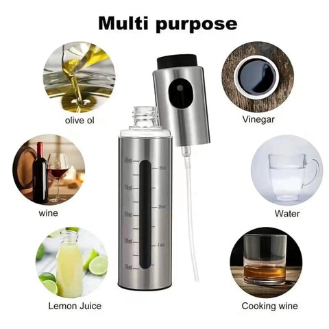 100ml Stainless Steel Olive Oil Spray Bottle Pro Grade Refillable Mister With Graduated Metal And Glass Design shown with uses