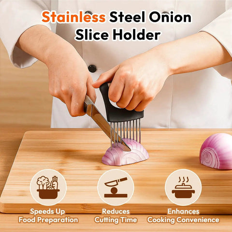 Person using Onion Slicer and Holder with Pro Grade 10 Stainless Steel Prongs for stable even slicing of onion on cutting board.