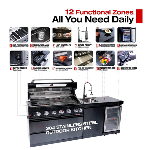 82 Inch Natural Gas Outdoor Kitchen Island with Grill - 6-Burner 85000 BTU, Height-Adjustable Infrared Rear Burner, Sink/Wine Cooler, Granite Countertops & Rotisserie Kit, For Patio, Lawn, Backyard.
