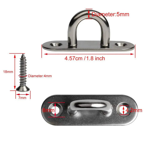 Dimensions and details of 10-Pack 304 Stainless Steel Ceiling Hook Ring Hooks With Enclosed Eye Plate M5 Mounting Plate, including screw size.