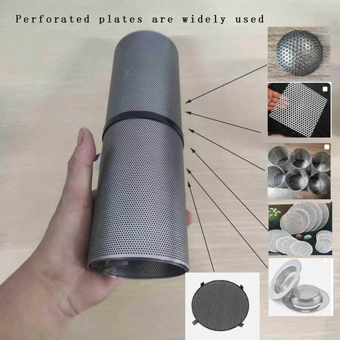 Person holding Durable 304 Stainless Steel Perforated Sheet With 0.06 Inch Holes And 0.02 Inch Thickness Measures 9.5 Inches Wide By 39 Inches Long For Solid Ventilation Filtration And Decorative Uses, surrounded by product applications.