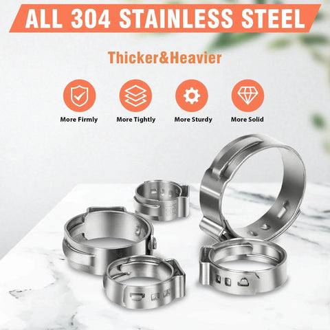 120 Pcs Half Inch PEX Cinch Clamps Rings 304 Stainless Steel Single Ear Hose Clamps on marble surface