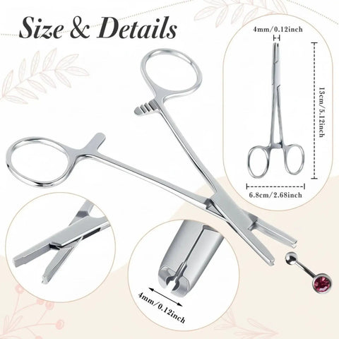 Stainless Steel 9 Piece Piercing Kit With Ball Grabber Tools And Bead Clamps For Jewelry Changes displayed with close-up details and dimensions.