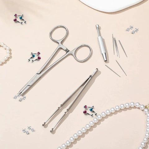 Stainless Steel 9 Piece Piercing Kit With Ball Grabber Tools And Bead Clamps For Jewelry Changes And Tapers For 14G 16G And 18G Piercings