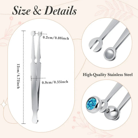 Stainless Steel 9 Piece Piercing Kit With Ball Grabber Tools And Bead Clamps For Jewelry Changes and tapers size details image