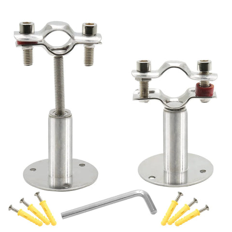 Two stainless steel wall/ceiling pipe clamp brackets for 19mm pipes, adjustable, with mounting screws and hex key
