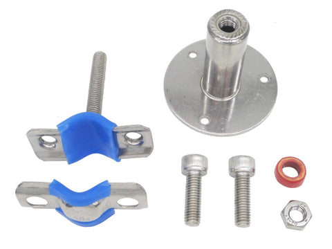 Stainless steel adjustable pipe clamp brackets, set of 2, with blue rubber pads and mounting screws for 1-inch pipe.