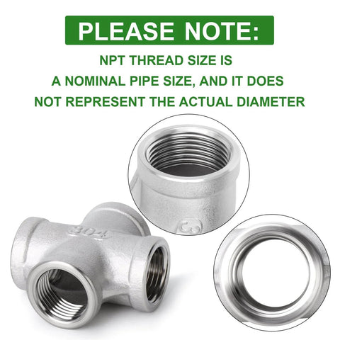 Two Pack Stainless Steel Four Way Pipe Fittings NPT Female Cross For One Half Inch Pipe Connections, close-up view, 304 SS material