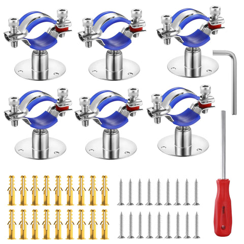 WYSIWYKA 6pc 304 stainless pipe clamps with blue accents; fits 38–40mm OD pipes, 20–40mm height, includes screws.
