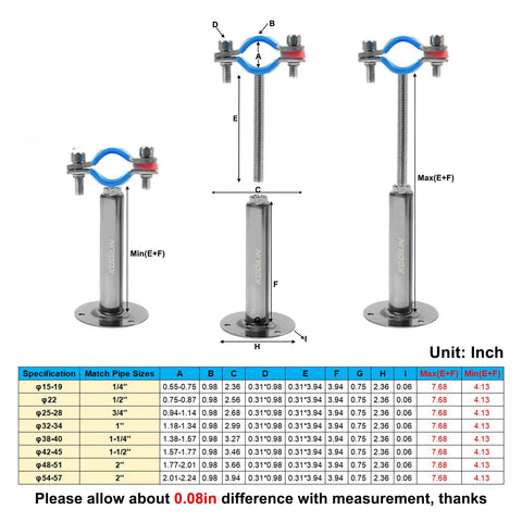 Kodilin 4-pack stainless steel wall/ceiling pipe clamp set with blue wing bolts for 3/4-inch pipe, adjustable height 100+100mm