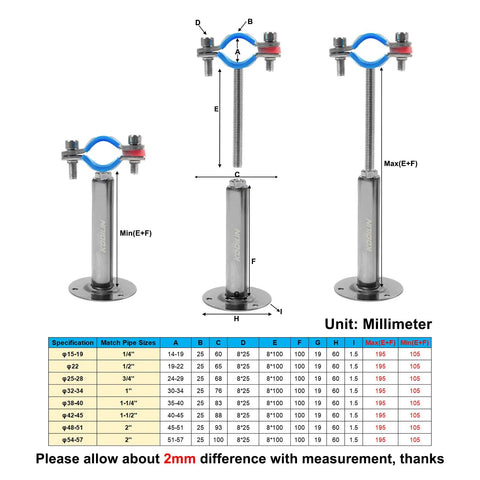 Kodilin 4Pcs stainless steel pipe clamp set for 3/4 in OD pipes, wall/ceiling mounts, adjustable height 100+100mm