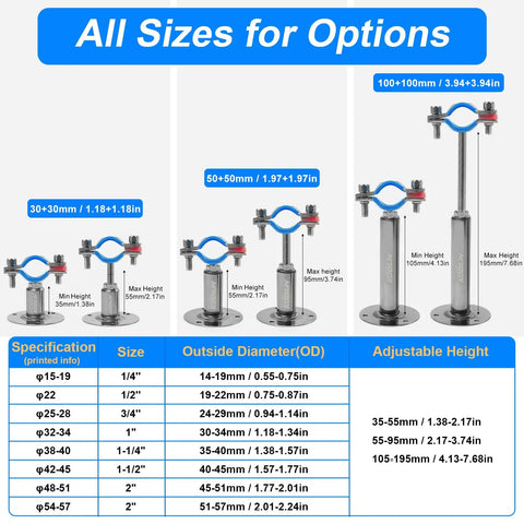 Kodilin 4-piece stainless steel pipe clamps with blue handles for 3/4 in OD pipes; adjustable height 100+100 mm
