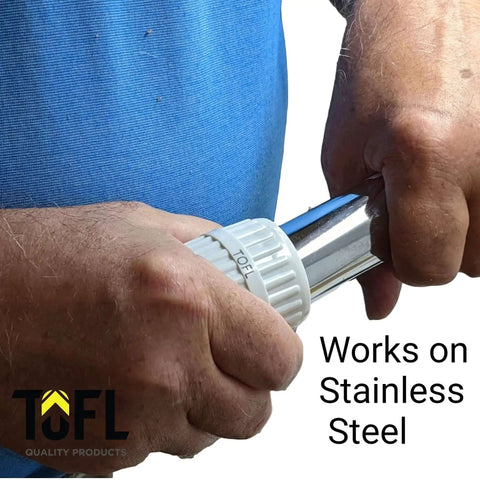 Person using Stainless Steel Pipe Reamer Tool For Quick Deburring And Reaming Durable Metal Build Keeps Pipes Clean Fits 0.25 To 1.25 Inch Outer Diameter And 0.1875 To 0.5 Inch Inner Diameter Ideal For Plumbing And Electrical Projects on metal pipe