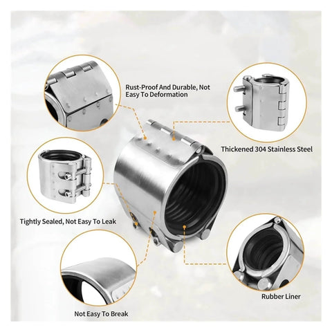 Emergency Pipe Repair Clamp Kit For Plastic And Metal Pipes Easy Install Leak Sealer showing stainless steel clamps
