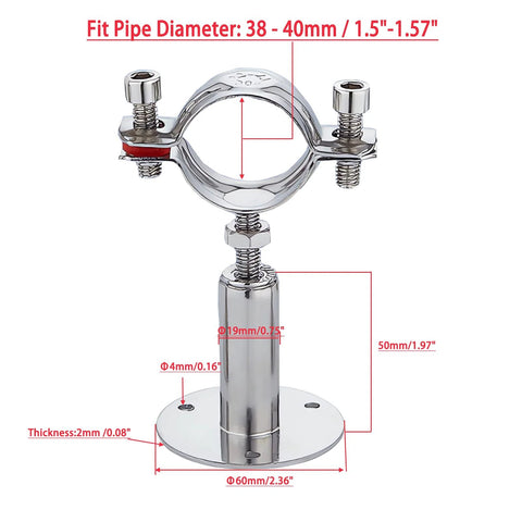 RITUIPIO stainless steel wall/ceiling pipe support clamp with base plate; fits 15–19 mm OD pipe