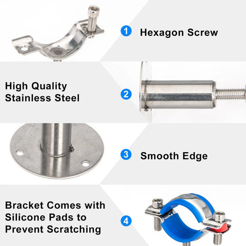 Kodilin 4-pack stainless steel pipe clamp set for 3/4 in OD pipes; wall/ceiling brackets with screws and silicone pads.