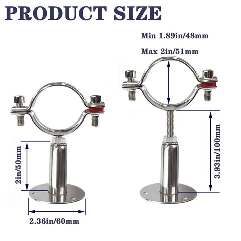 Set of 2 stainless steel 2-inch pipe support clamps with mounting bases and screws for wall or ceiling mounting