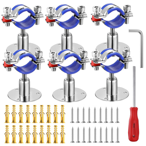 WYSIWYKA 6-pack 304 stainless steel pipe clamp kit with blue strap rings and flange bases; includes screws, anchors and hex key.