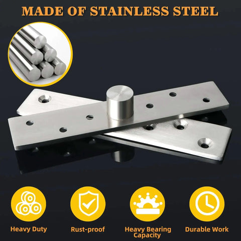 6 Inch Pivot Door Hinges 360 Degree Rotation Hidden Hinges Heavy Duty Stainless Steel Brushed Finish with icons and text
