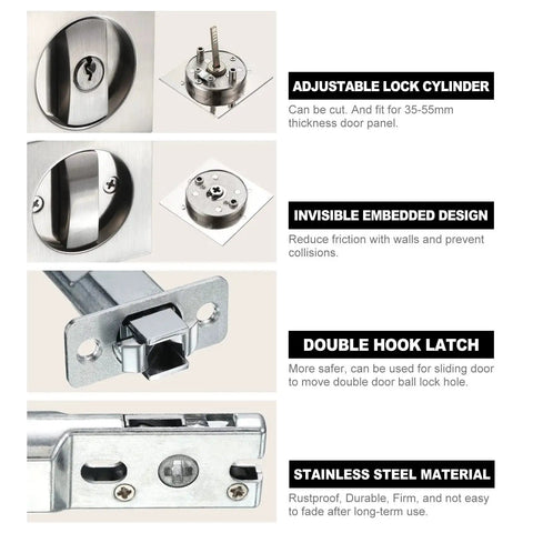 Pocket Door Lock With Keys And Invisible Recessed Handle Latch For Barn Doors And Wood Furniture, Silver Finish details and features