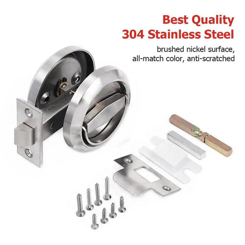 304 Stainless Steel Keyless Pocket Door Lock For Corridor Sliding Doors With Hidden Recessed Cup Install Brushed Silver Door Handles Easy Installation No Keys Required Durable Privacy Solution, shown with screws and latch.