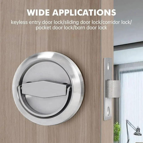 304 Stainless Steel Keyless Pocket Door Lock For Corridor Sliding Doors With Hidden Recessed Cup Install shown on wooden door