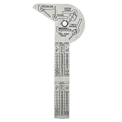 Compact stainless steel 6 in 1 pocket ruler and gauge combines drill point gauge, bevel protractor, center finder, circle divider, and tap and drill table with etched 64ths and millimeters for quick, precise measurements on the go showing functions.