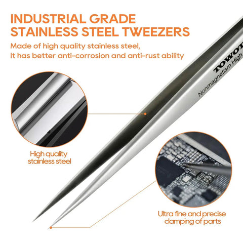 Precision Stainless Steel Pointed Tweezers For Craft, Electronics, Soldering, Jewelry Making, And Industrial Use, Non Magnetic, Hand Sharpened Tips, Corrosion Resistant Crafting Tool shown in close-up with detailed features.